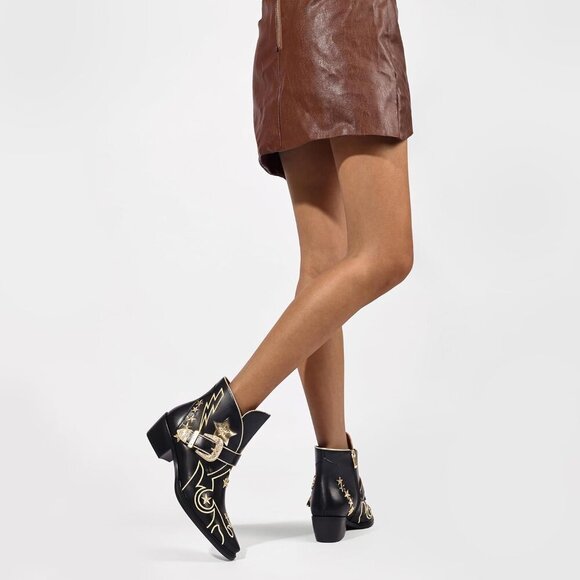 🆕Women’s Western Ankle Boots Black Polyurethane Star Embroidered Cowgirl Buckle - Picture 4 of 7